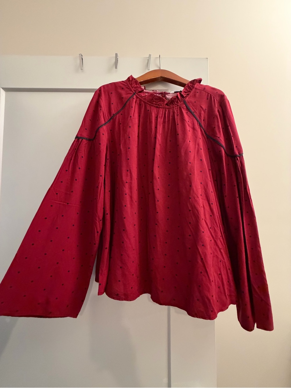 Red and Black Long Sleeve Peasant Blouse with Black Dot Detail Large